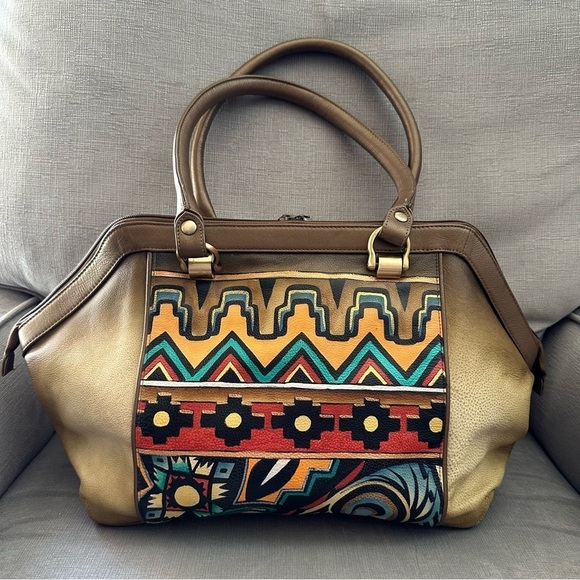 Anuschka Hand Painted Large Leather Tote Purse Gold Brown - Picture 1 of 10